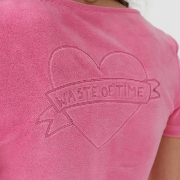 Lazy Oaf Waste of Time pink velour lounge top button cozy crop shirt RARE lolita - Picture 6 of 8